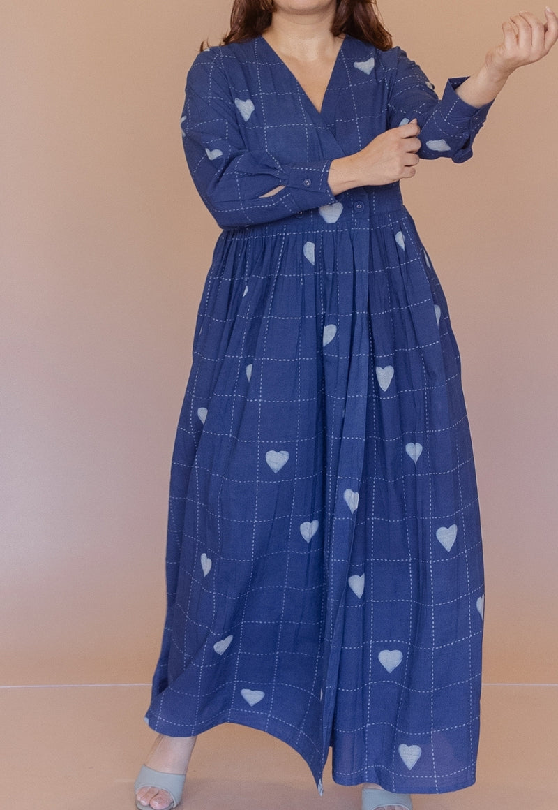 Kimaya Blue Dabu Cotton A Line Dress