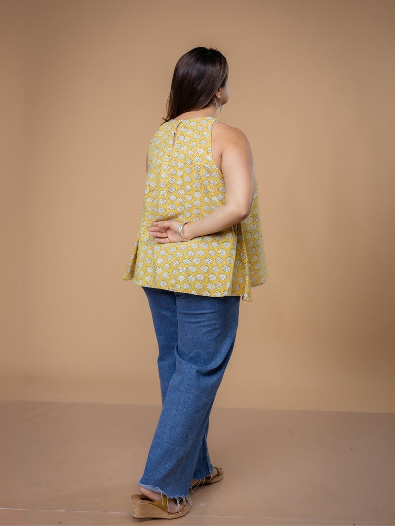 Parveen Yellow Dabu Slub Cotton A Line Short Top