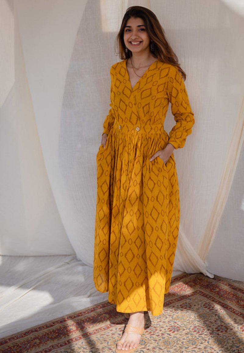 Kimaya Yellow Wrap Around Slub Cotton Dress