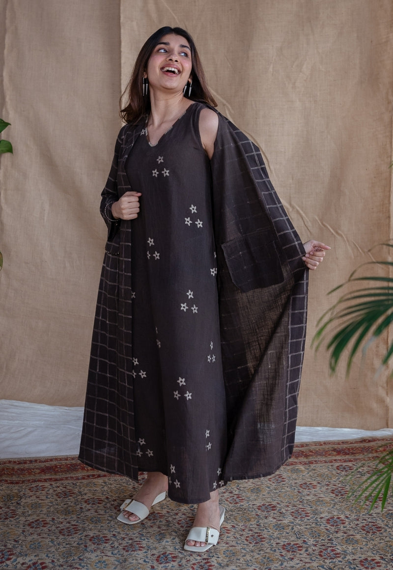 Mariam Charcoal Dabu Slub Cotton A Line Dress with Embroidery