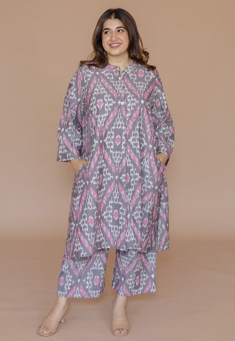 Ayaat Grey Handloom Ikkat Cotton Straight Kurta