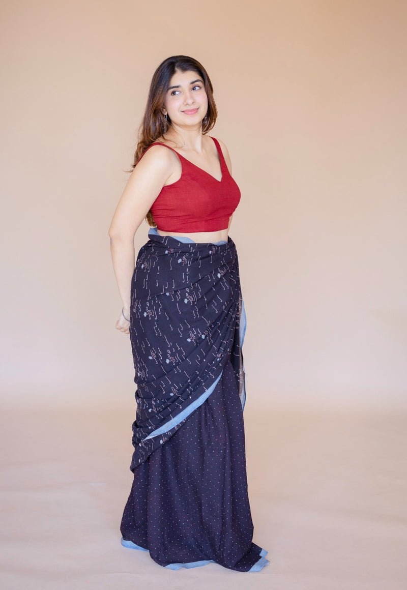 Black Boat Ajrakh Hand Block Print Mul Saree