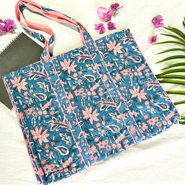 Blue Quilted Cotton Tote Bag THE INDIAN ETHNIC CO.