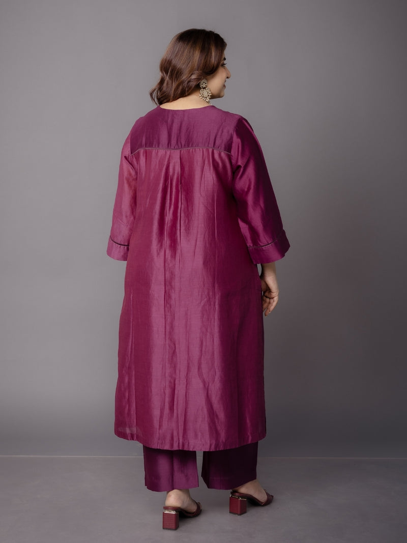 Kanika Purple Solid Chanderi Silk Straight Kurta with Hand Embroidery