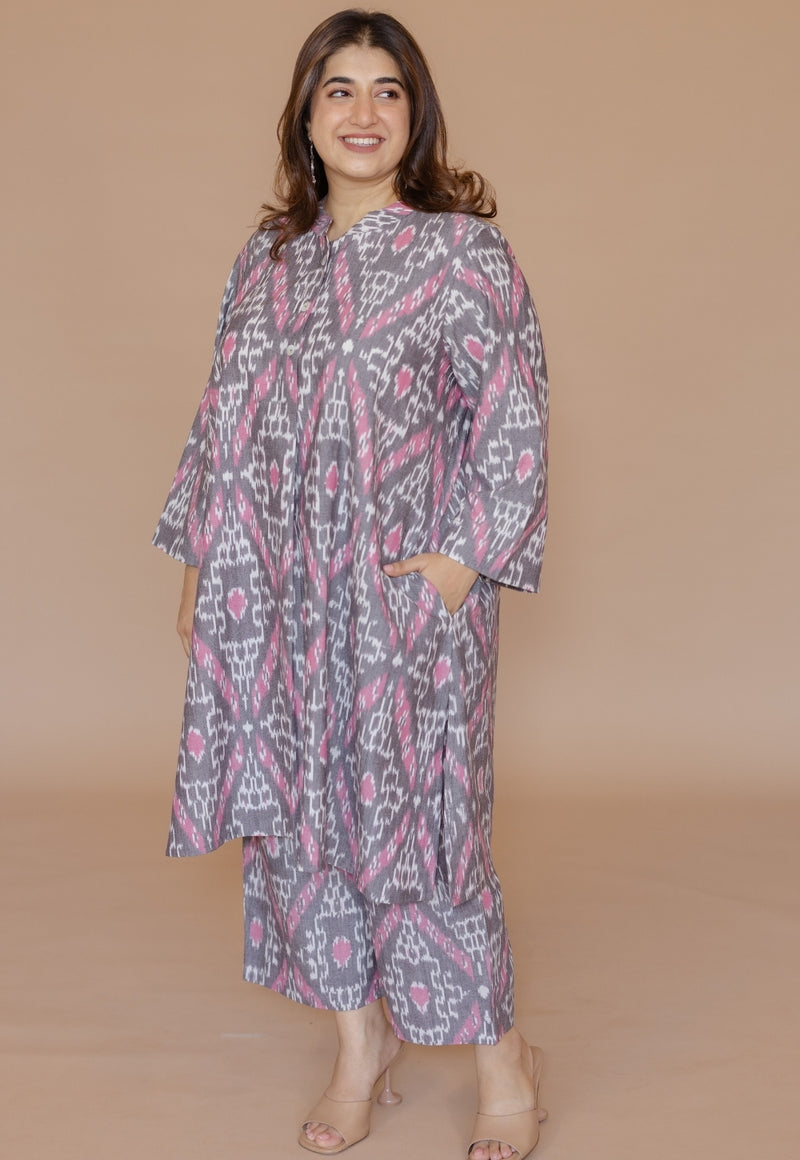Ayaat Grey Handloom Ikkat Cotton Straight Kurta