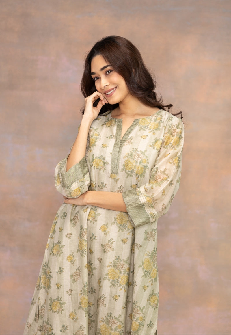 Rozin Green Sanganeri Chanderi Silk A Line Kurta