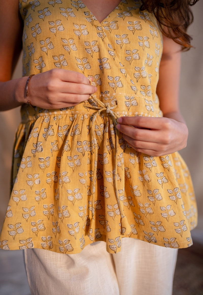 Jafia Yellow Dabu Slub Cotton Short Top