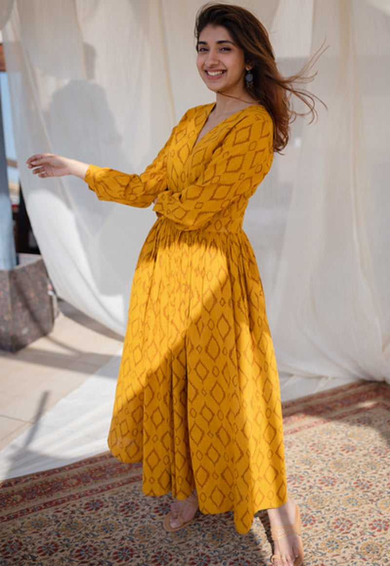 Kimaya Yellow Wrap Around Slub Cotton Dress