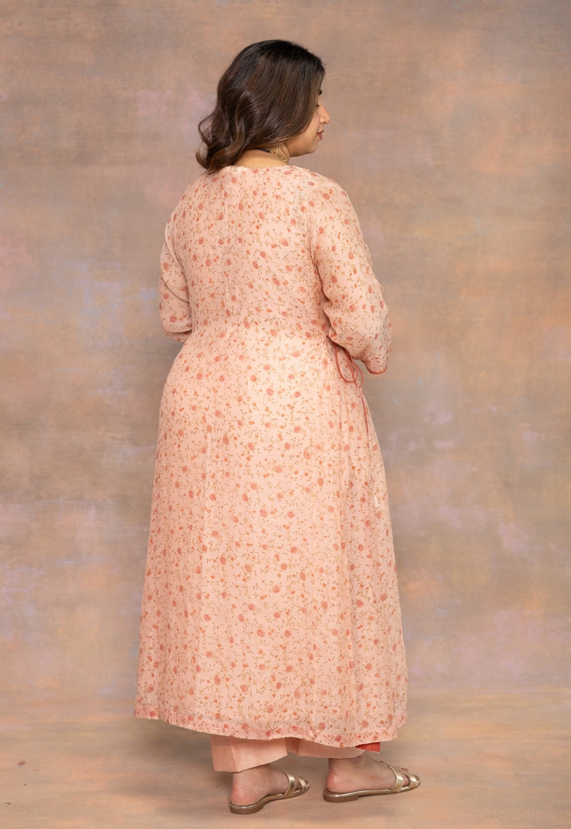 Rosette Orange Sanganeri Chanderi Silk A Line Kurta