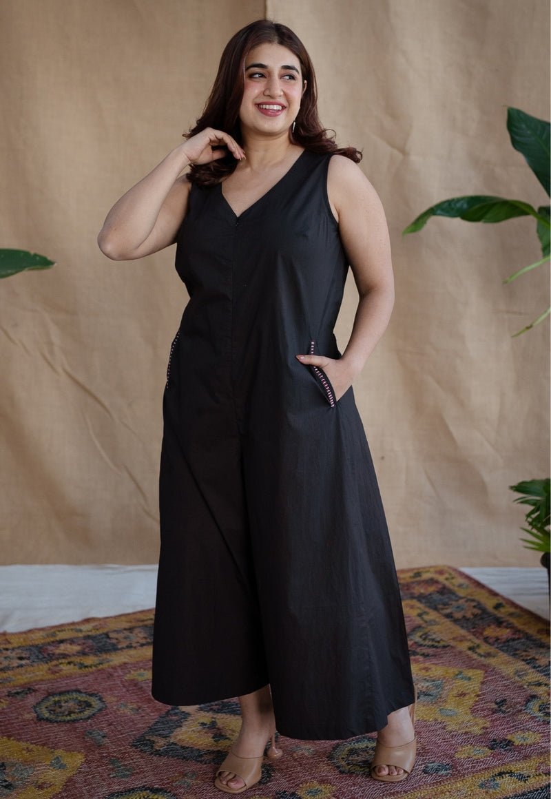 TIECO DyeVerse - Black Poplin Cotton Hand Embroidered Jumpsuit