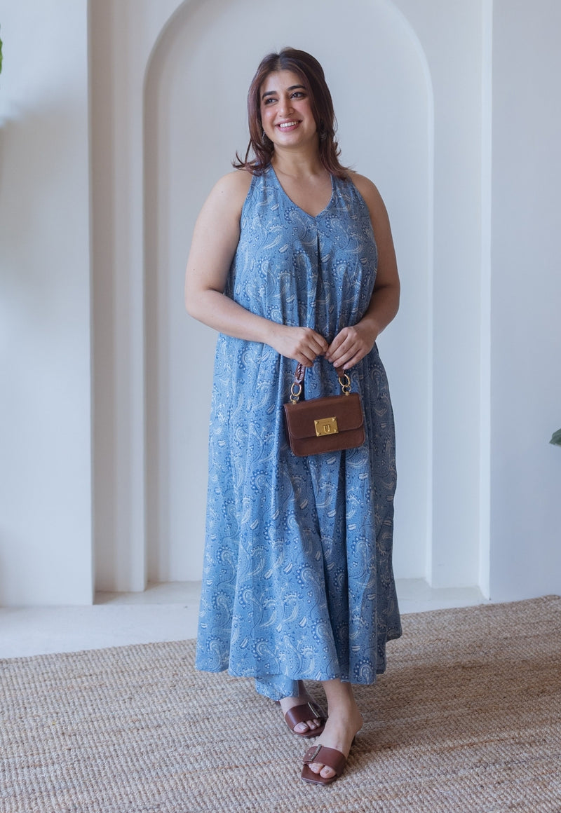 Naimat Blue Ajrakh Cotton A Line Dress