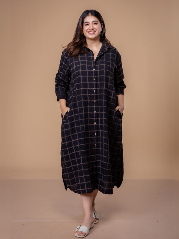 Samiyah Brown Dabu Slub Cotton Shirt Dress