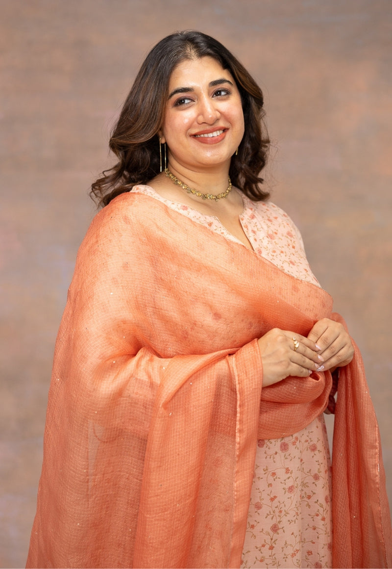 Rust Orange Solid Kota Doria Silk Dupatta with Mukaish Detailing
