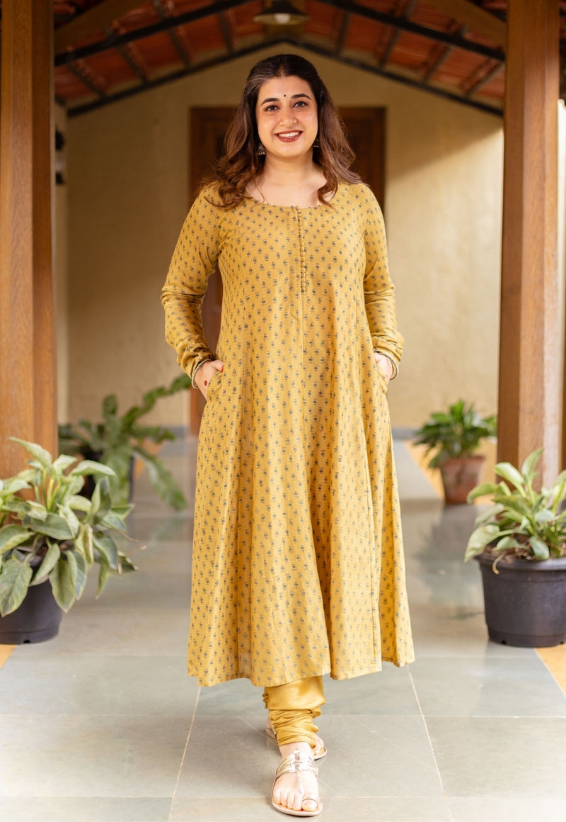 Akrita Mustard Ajrakh Chanderi Silk Kali Kurta with Hand Embroidery