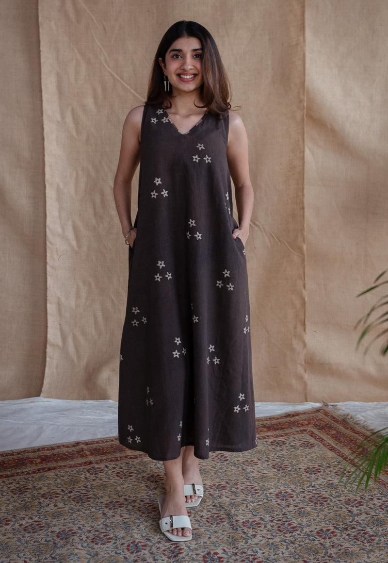 Mariam Charcoal Dabu Slub Cotton A Line Dress with Embroidery