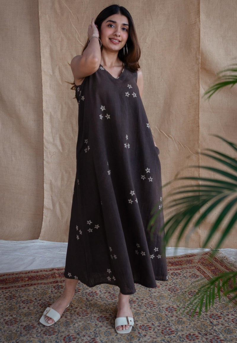 Mariam Charcoal Dabu Slub Cotton A Line Dress with Embroidery