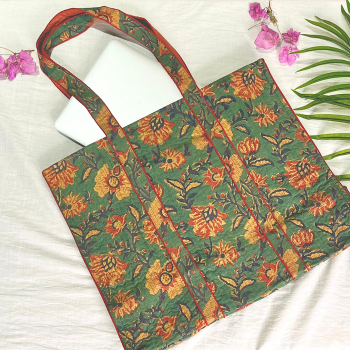 Green Quilted Cotton Tote Bag