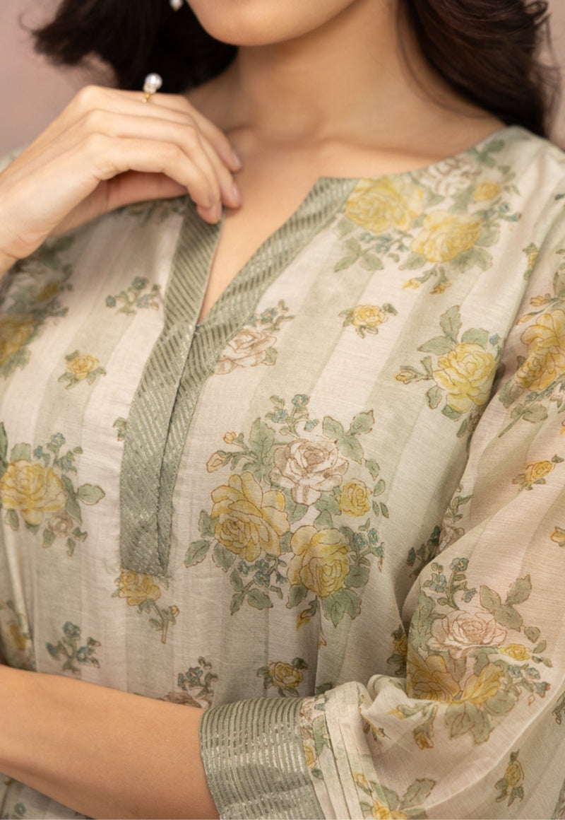 Rozin Green Sanganeri Chanderi Silk A Line Kurta