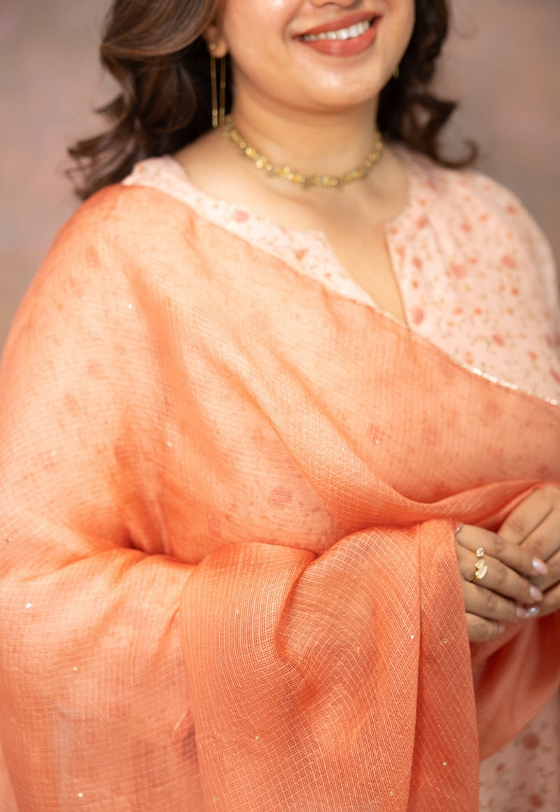 Rust Orange Solid Kota Doria Silk Dupatta with Mukaish Detailing