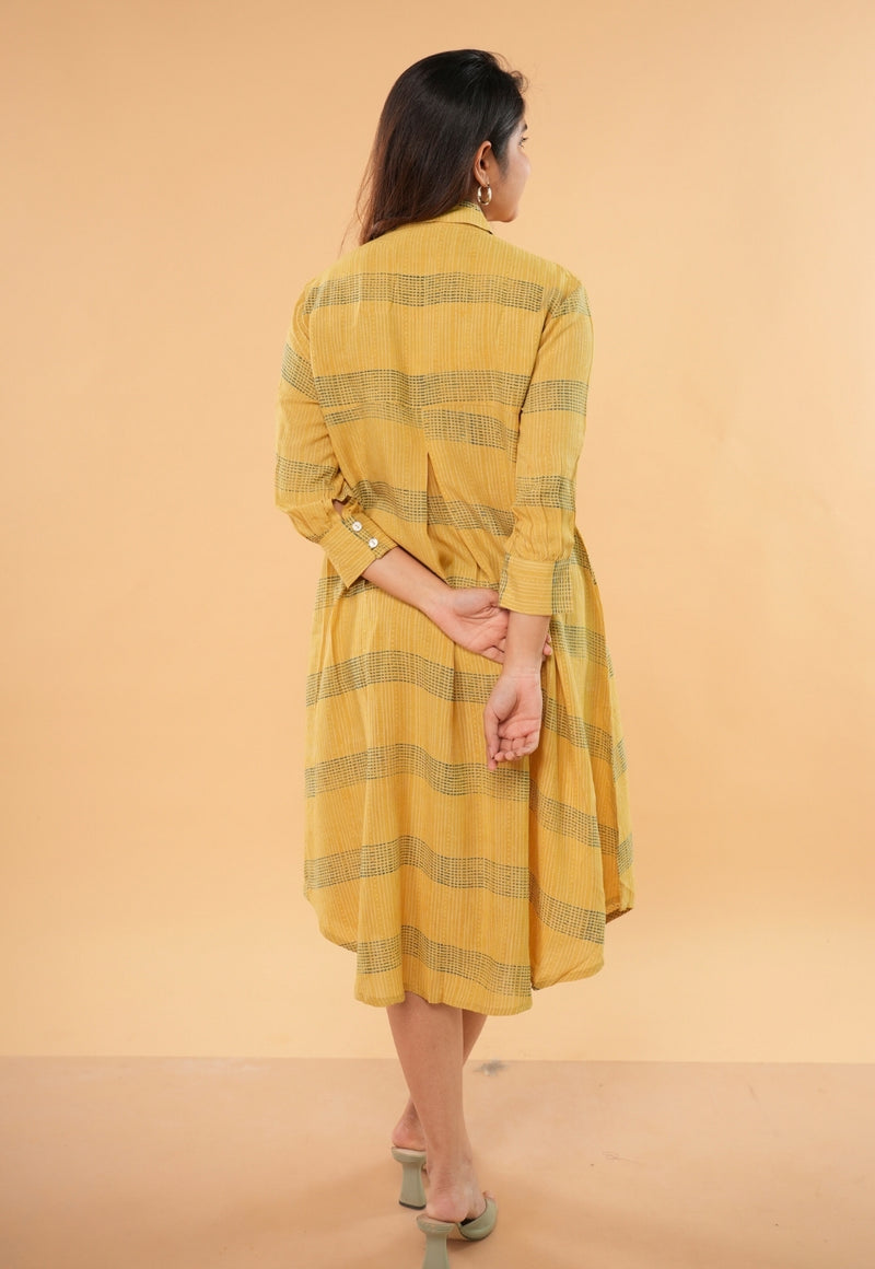 Ridah Yellow Ajrakh Modal Silk A Line Dress