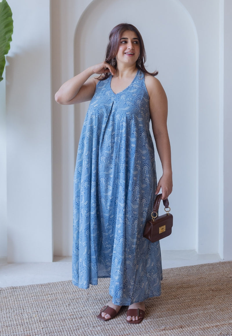 Naimat Blue Ajrakh Cotton A Line Dress