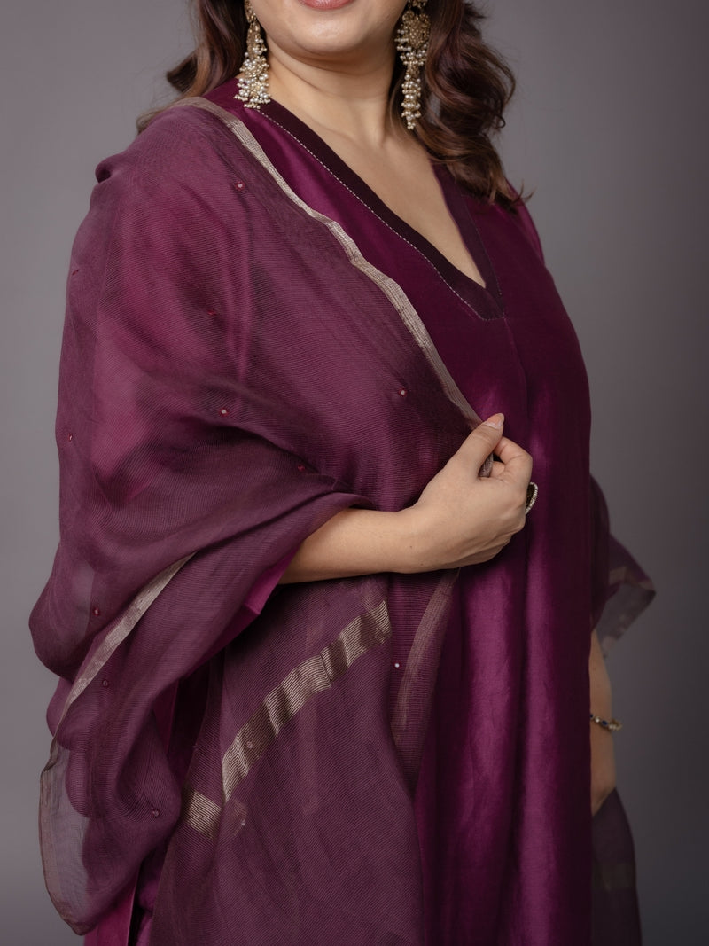 Wine Solid Zari Silk Net Dupatta with Hand Embroidery