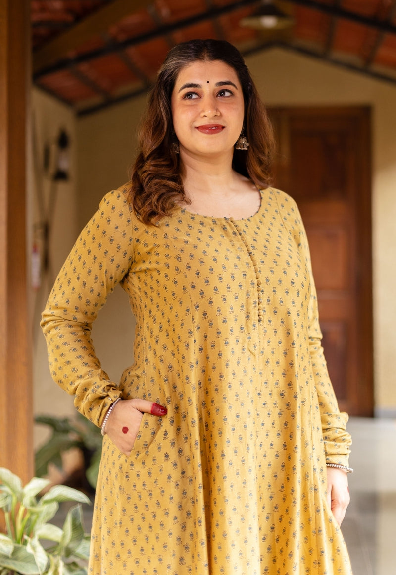 Akrita Mustard Ajrakh Chanderi Silk Kali Kurta with Hand Embroidery