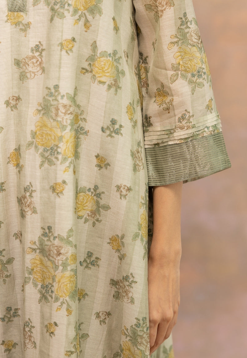 Rozin Green Sanganeri Chanderi Silk A Line Kurta