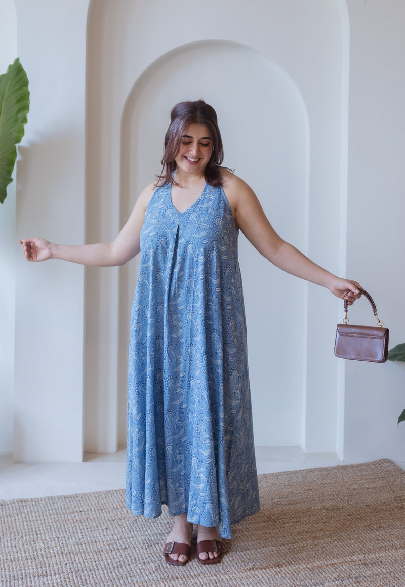 Naimat Blue Ajrakh Cotton A Line Dress