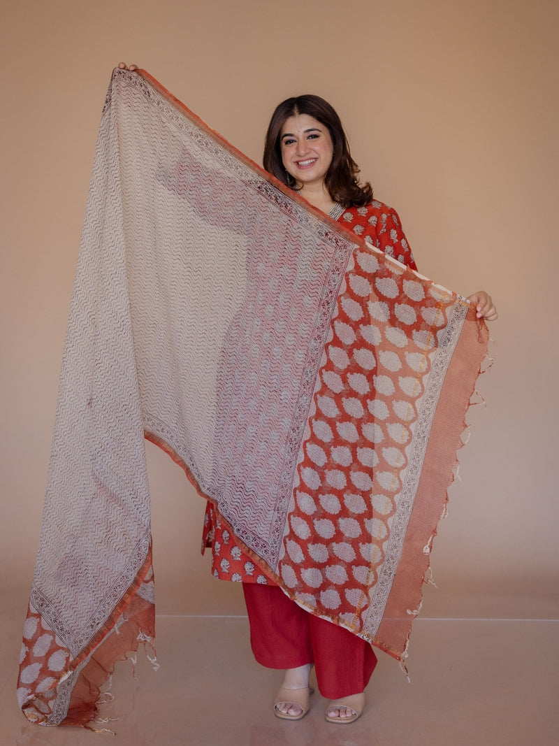 Red Chevron Bagru Kota Doria Cotton Dupatta