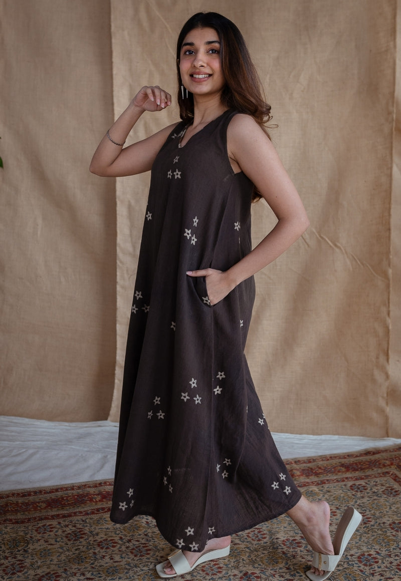 Mariam Charcoal Dabu Slub Cotton A Line Dress with Embroidery