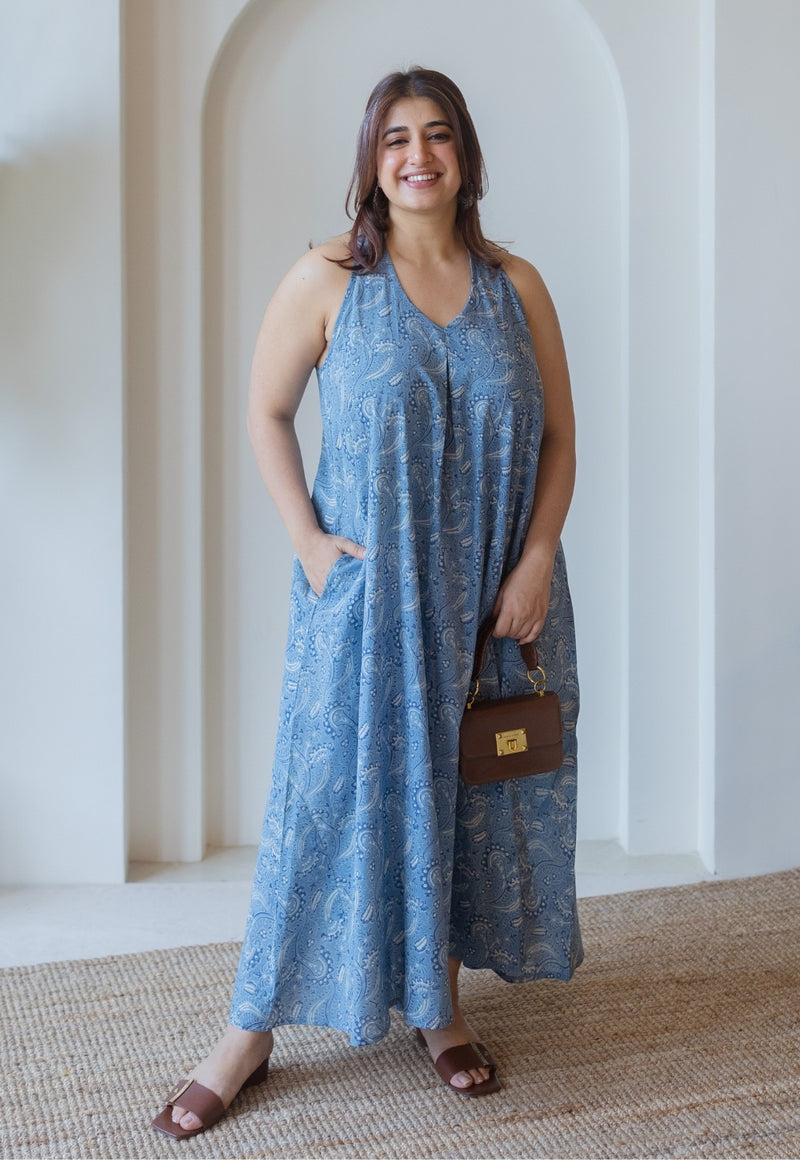 Naimat Blue Ajrakh Cotton A Line Dress