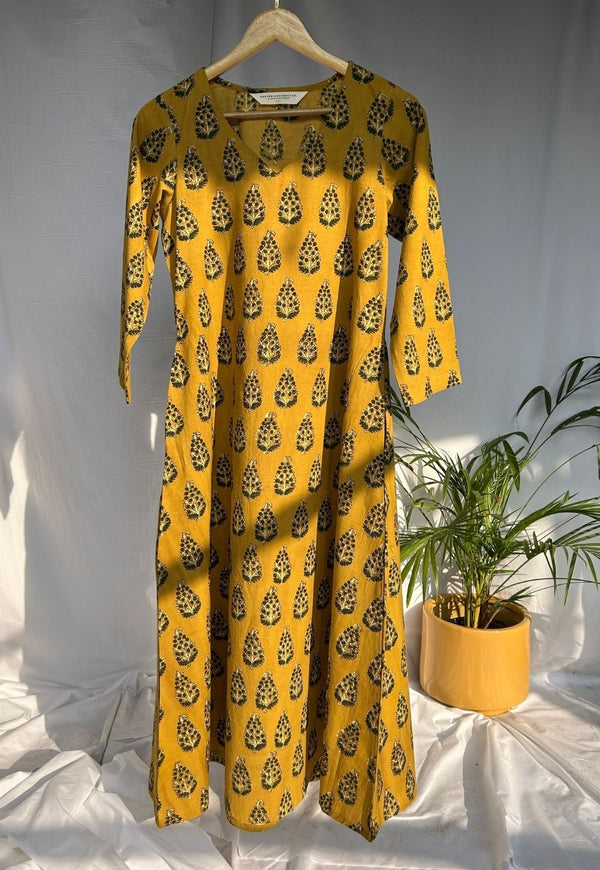 Anamika Mustard Ajrakh Cotton A Line Kurta