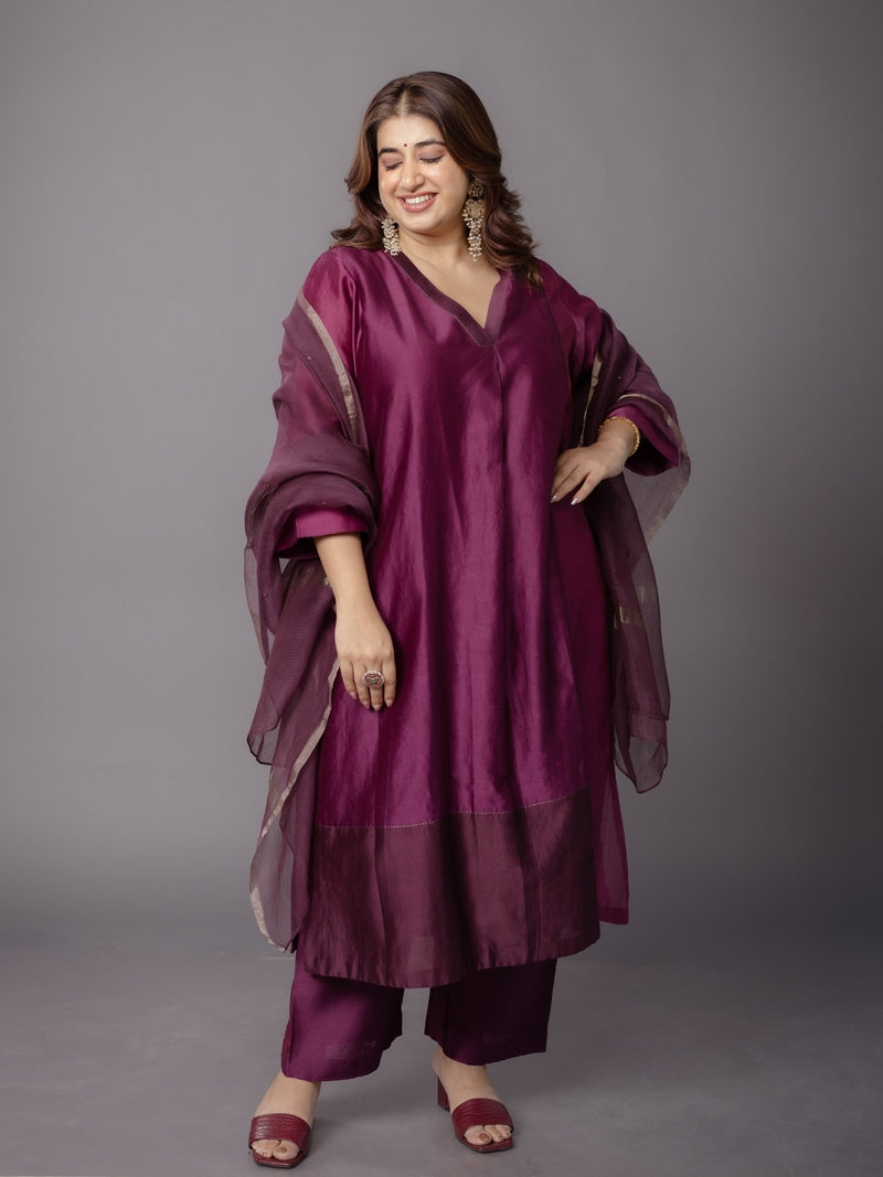 Wine Solid Zari Silk Net Dupatta with Hand Embroidery