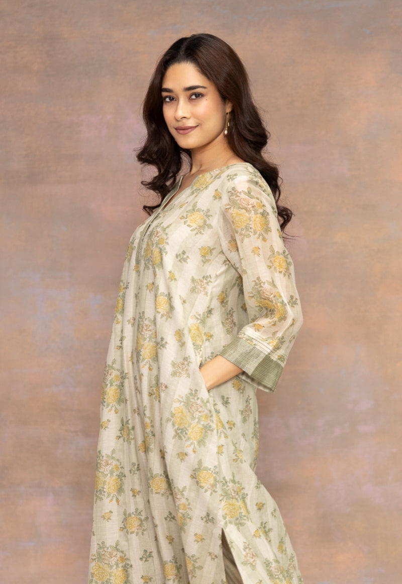 Rozin Green Sanganeri Chanderi Silk A Line Kurta