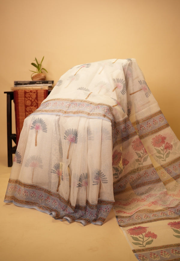 White Butta Sanganeri Hand Block Print Kota Doria Saree