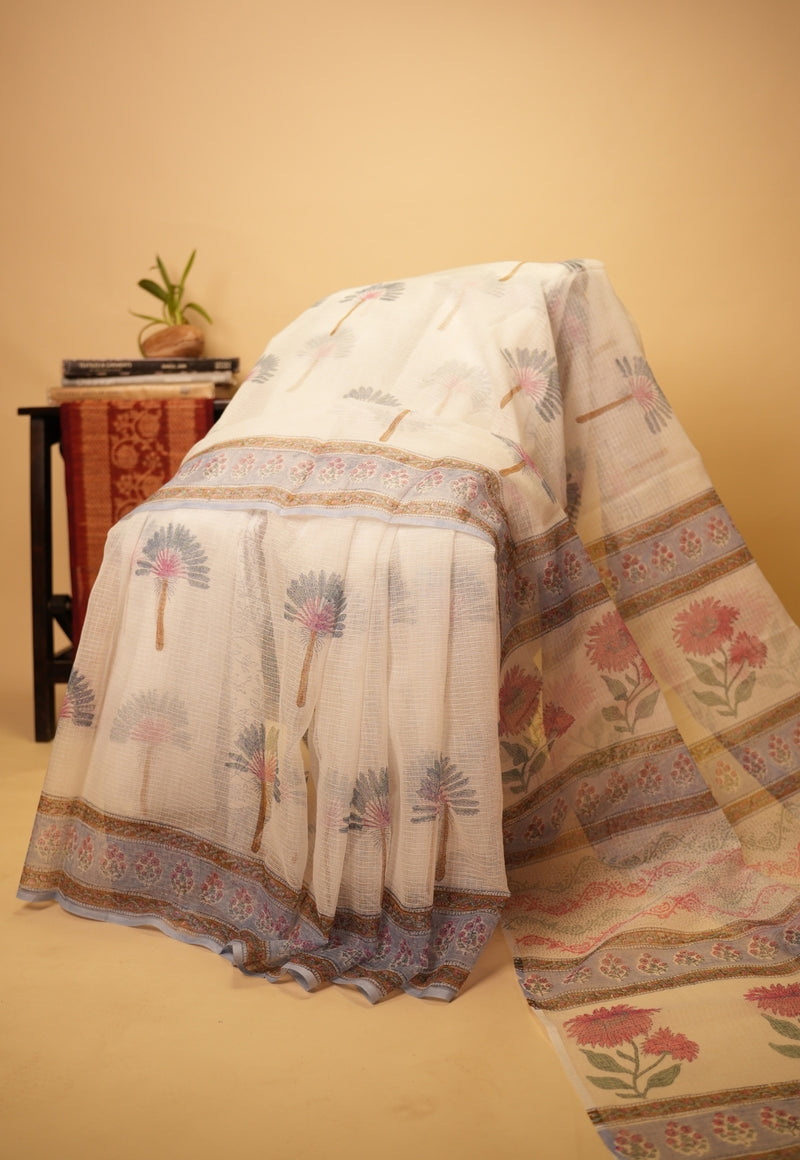 White Butta Sanganeri Hand Block Print Kota Doria Saree