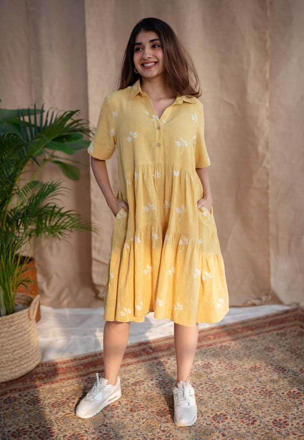 Zinat Yellow Dabu Slub Cotton A Line Dress with Embroidery