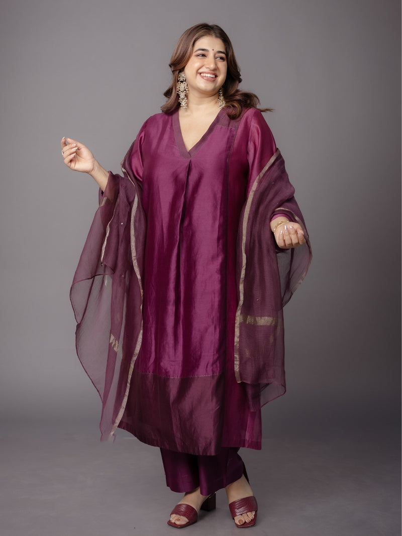 Wine Solid Zari Silk Net Dupatta with Hand Embroidery