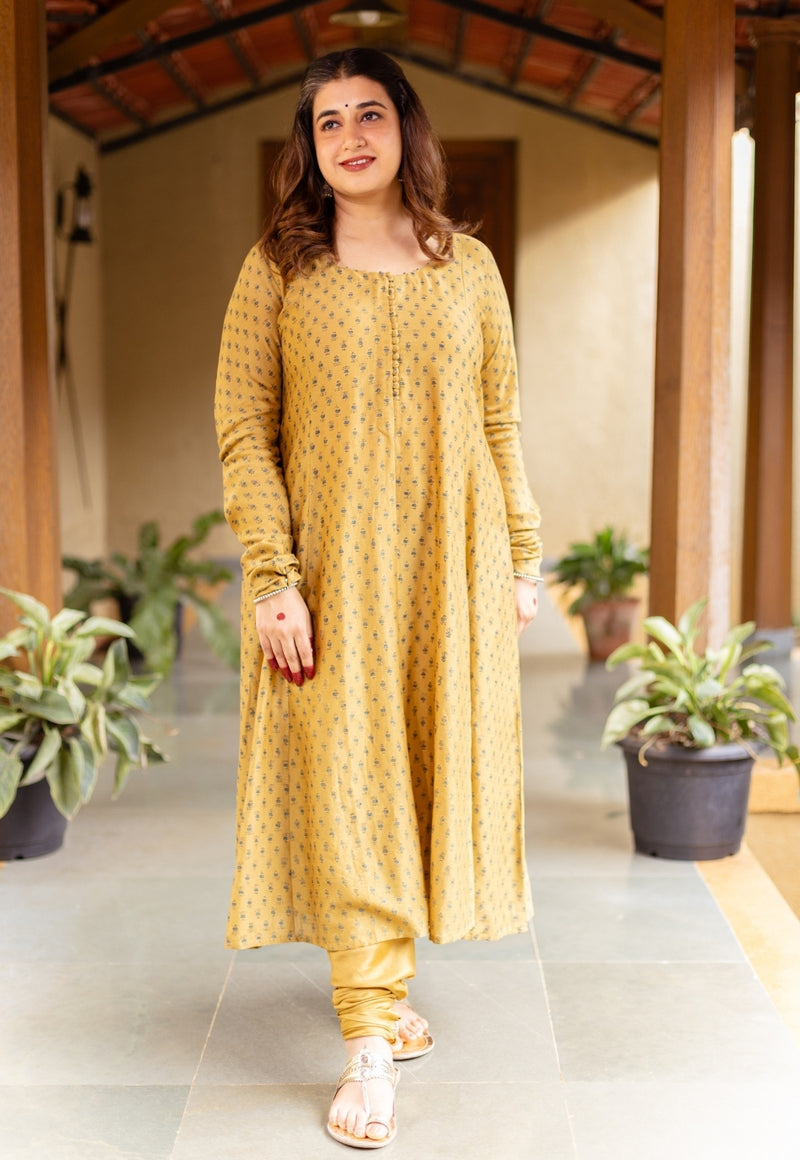 Akrita Mustard Ajrakh Chanderi Silk Kali Kurta with Hand Embroidery