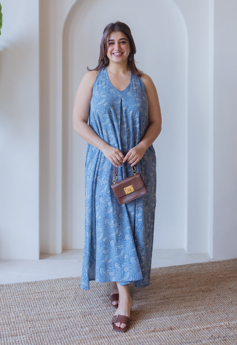 Naimat Blue Ajrakh Cotton A Line Dress