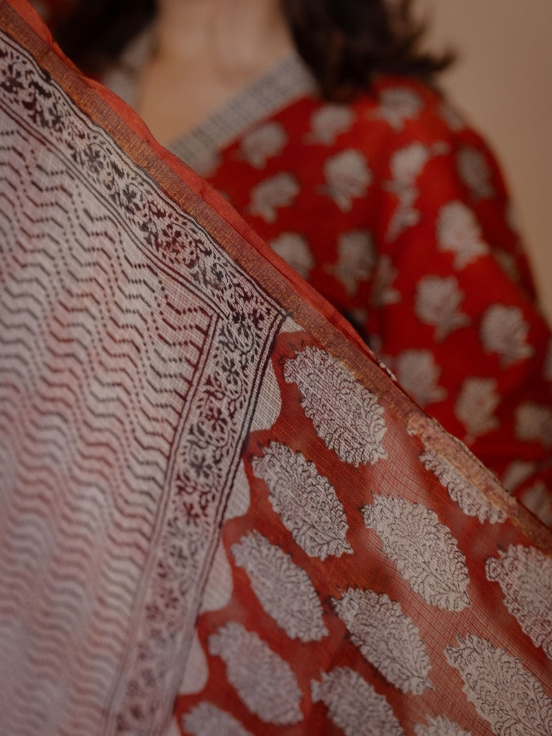 Red Chevron Bagru Kota Doria Cotton Dupatta