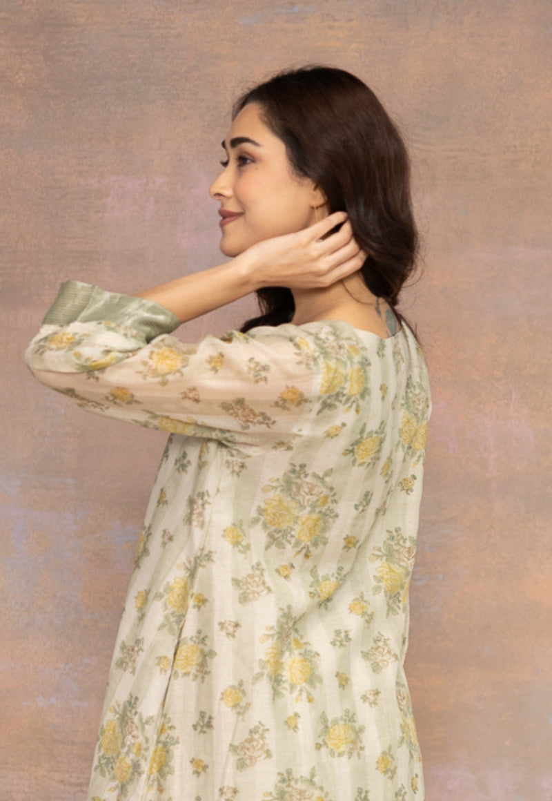 Rozin Green Sanganeri Chanderi Silk A Line Kurta