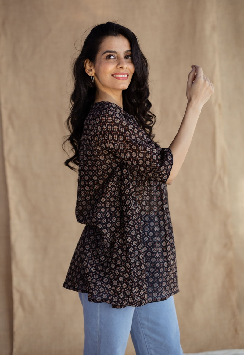 Purvi Black Ajrakh MulMul Cotton A Line Short Top