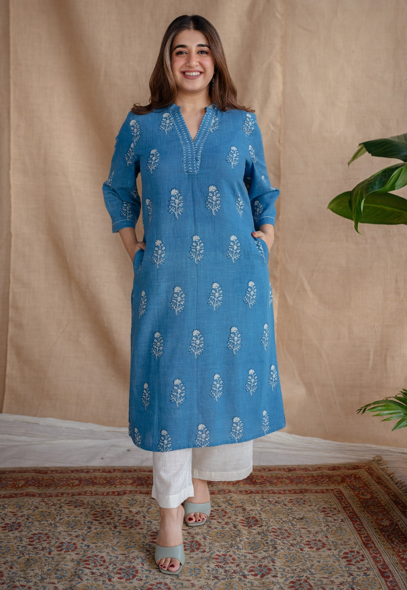 Yanha Indigo Dabu Slub Cotton Straight Kurta with Embroidery