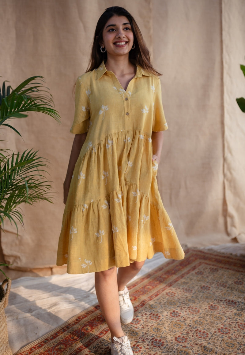 Zinat Yellow Dabu Slub Cotton A Line Dress with Embroidery