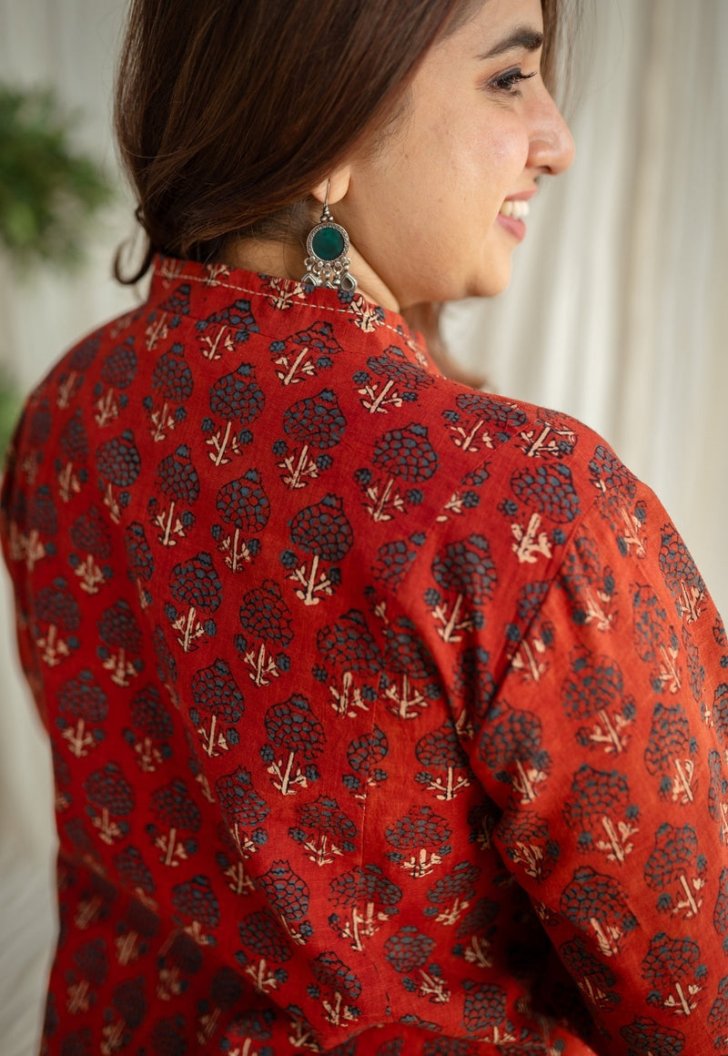 Sanah Ajrakh Slub Cotton Hand Embroidered Kali Kurta