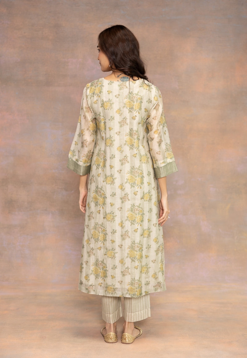 Rozin Green Sanganeri Chanderi Silk A Line Kurta