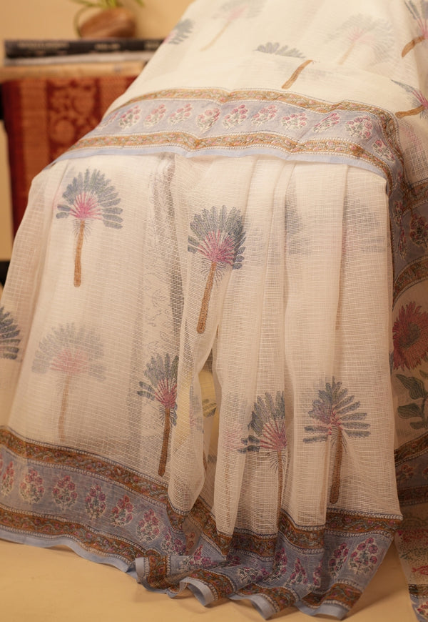 White Butta Sanganeri Hand Block Print Kota Doria Saree