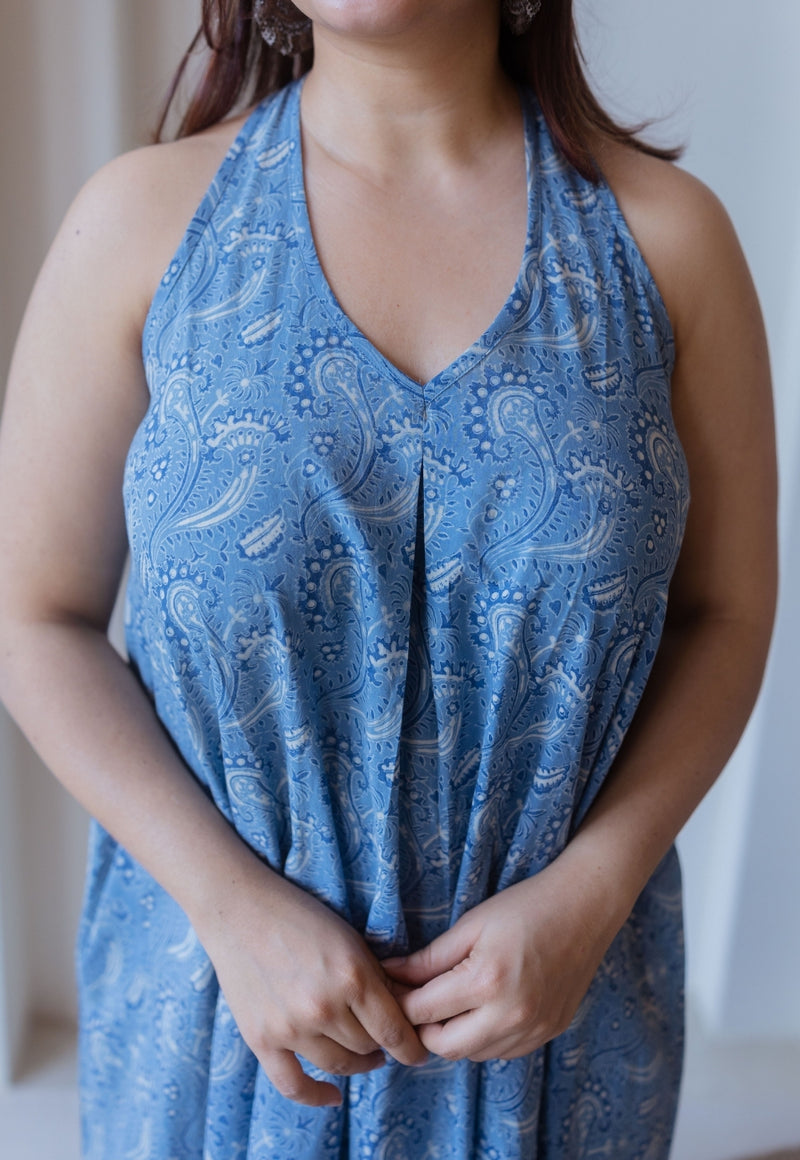 Naimat Blue Ajrakh Cotton A Line Dress